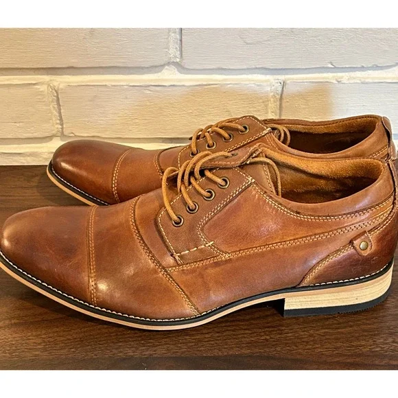 NEW Kunsto Mens Brown Leather Cap Toe Oxford Dress Shoes Lace Up Size 8.5 Preppy - Picture 6 of 6